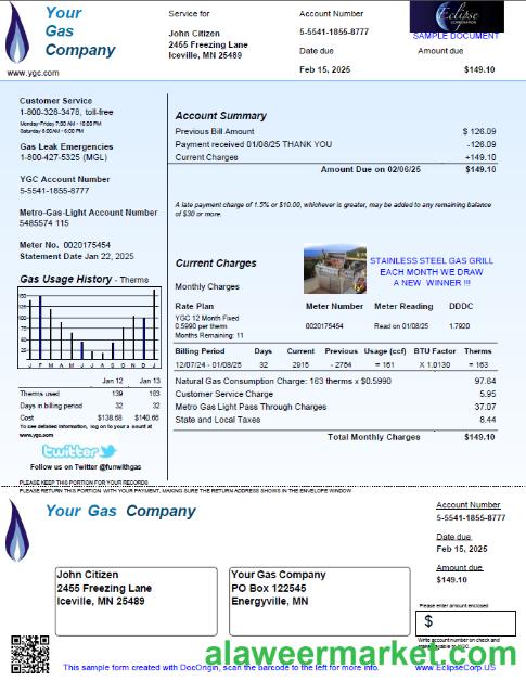 USA Your Gas Company utility bill template in Word and PDF formats